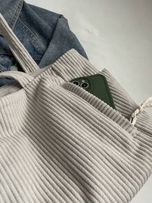 大容量时尚女士单肩托特包，柔软耐用的灯芯绒面料，配有侧袋和多个内部隔层，拉链开合，适合短途旅行、通勤和日常使用 - 彩色 - 查看 11