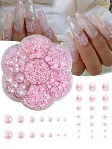 1盒装 Abs 粉色珍珠美甲饰品甜美风格 3D 半圆形珍珠美甲配件 DIY 美甲用品指甲美甲宝石 - 粉色 - 查看 2