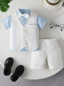 3-Piece New Style Boys Formal Suit Set, Summer White Wedding Pageboy Gentleman Outfit Includes Short Sleeve Jacket - White - View 1