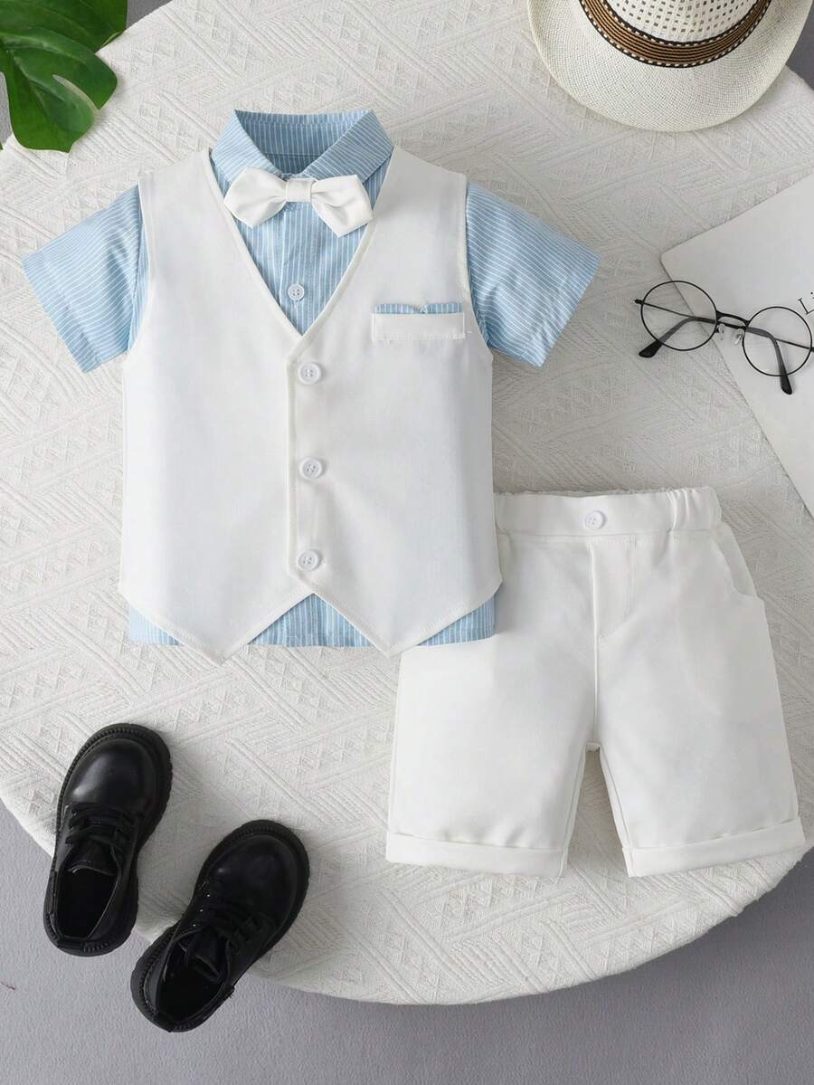 3-Piece New Style Boys Formal Suit Set, Summer White Wedding Pageboy Gentleman Outfit Includes Short Sleeve Jacket - White - View 1