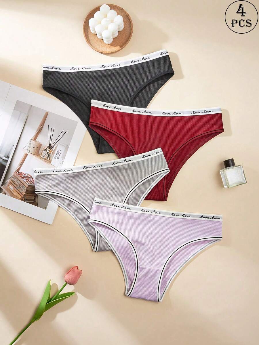 4pcs Women's Fashionable Ribbed Comfortable Bikini Panties - Multicolor - View 1