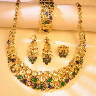 Luxury Fashion Jewelry Set For Women, Elegant Gold-Plated Copper Alloy Necklace, Earrings, Rings, Bracelets With AAA Cubic Zirconia Stones, Suitable For Evening Dresses, Bridal