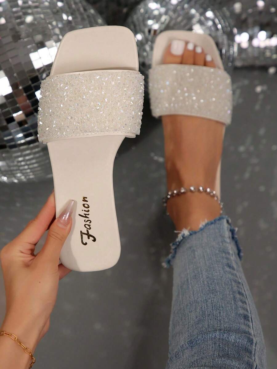 Sandalias planas para mujer de talla grande, estilo vacacional casual y versátil con decoración de rhinestones, sandalias de uso veraniego