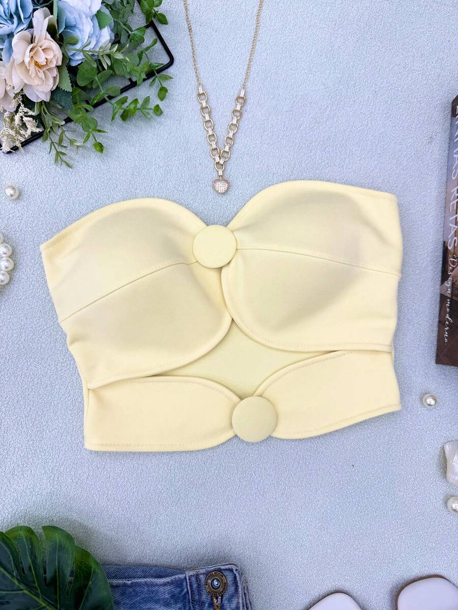 ELLIE Women's Strapless Crop Top With Button Details - 黃色 - 查看 1