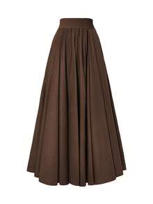 Elegant Women's A-Line Skirt, Suitable For Dates, Student Wear, Daily Travel, Versatile, Casual, Beach And Other Occasions. Elegant And Casual Women's A-Line Skirt, Solid Color, Waist-Shaping, Pleated Design, Woven Fabric, Available In Multiple Colors, Suitable For Outings And Can Also Be Worn As Loungewear. - Mocha Brown - View 4