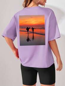 Customized Women's T-Shirt - Add Your Text And Photos (Landscape, Badge, Couple, Family, Selfie, Pet, Etc.), Printed On Front And Back, Design Your Personalized Printed T-Shirt As A Gift - Purple - View 4
