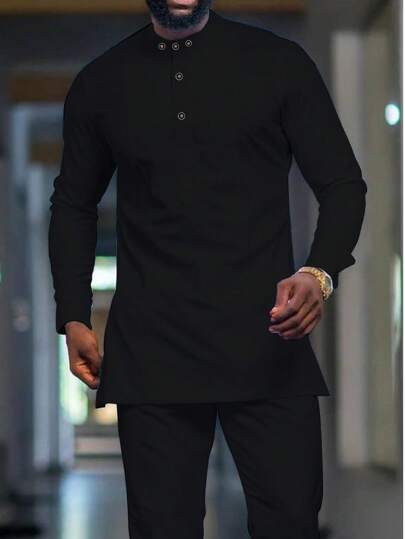 Men's White Dashiki 2 Pieces Set, Casual & Minimalist Design, Unique Collar, Tailored Fit, Long Sleeve Shirt & Elastic Waist Pants, African Fashion Outfit, Streetwear, Suitable For Casual, Party, Date, Wedding, Cultural Events