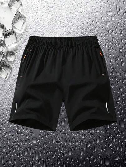 2025 男士抽绳腰部拉链口袋反光条纹印花降温休闲户外运动速干沙滩短裤