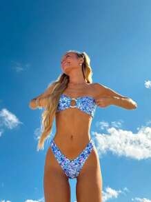 Conjunto de bikini de 2 piezas, estampado floral disperso y con espalda anudada, traje de baño para vacaciones en la playa
