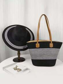 Set de 2 piezas para mujer de sombrero de paja estilo rayado y bolso tipo tote para viajes y uso al aire libre. Sombrero de ala ancha de protección UV para el verano y bolso de hombro espacioso