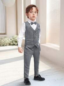 2025 New Slim Fit Formal Suit Set For Boys, Includes White Shirt, Solid Color Vest, Bow Tie, Pants - 4 Piece Gentleman Outfit For Children, Toddler Formal Wear For Weddings, Holidays