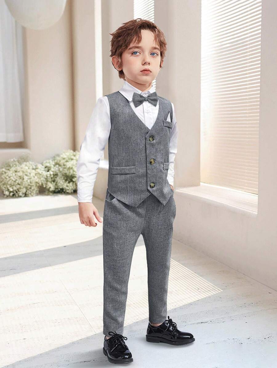 2025 New Slim Fit Formal Suit Set For Boys, Includes White Shirt, Solid Color Vest, Bow Tie, Pants - 4 Piece Gentleman Outfit For Children, Toddler Formal Wear For Weddings, Holidays