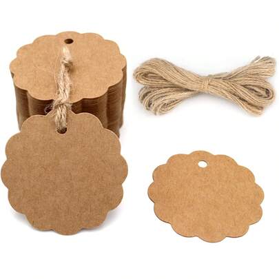 30/50/100 件工艺扇形纸礼品标签，带天然黄麻绳，圆形礼品标签牛皮纸礼品标签，适用于生日派对、婚礼装饰礼品、工艺品、DIY 婚礼礼品袋（棕色）