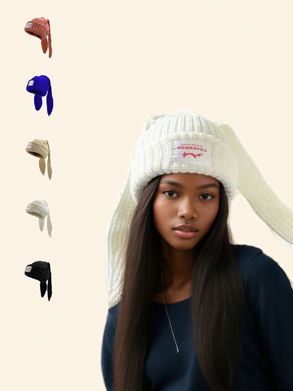 1 peça gorro de malha de inverno para mulheres, fofo, orelha de coelho, macio, quente, grosso, acrílico, marca de luxo, gorros de casal, gorros personalizados, chapéus casuais para festas de casais (observação: o produto é projetado com borlas e não é um problema de qualidade)