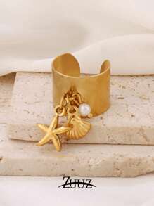 1 pièce Bague large ouverte en acier inoxydable et plastique ronde avec pendentif coquillage de perle et étoile de mer. Cadeau de bijoux charmants pour femmes, convient pour un port quotidien