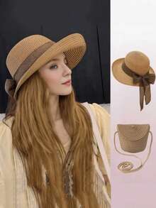 2 Pieces Set: Women's Bow Wide Brim Sun Hat And Cross-Body Bag, Summer Sun Protection Beach Hat With UV Protection - Multicolor - View 8