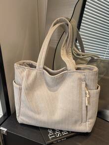 大容量时尚女士单肩托特包，柔软耐用的灯芯绒面料，配有侧袋和多个内部隔层，拉链开合，适合短途旅行、通勤和日常使用 - 彩色 - 查看 15