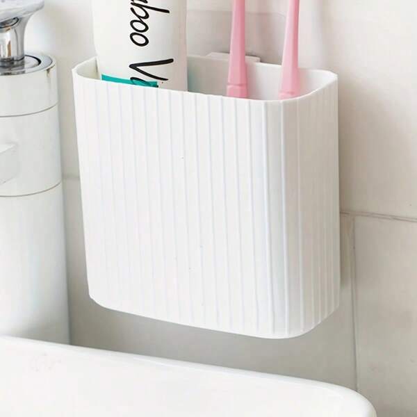 1pc Wall Mounted Toothbrush Holder, Plastic Hanging Bathroom Storage Organizer, No Drill Clutter Storage Rack For Kitchen, Bedroom, Bathroom, Office, Desk