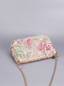 Bolsa Transversal com Bordado Lantejoulas e Corrente, Bolsa Transversal Bordada Floral Clássica Semicircular, Bolsa Jantar de Mulher com Contraste de Cores, Bordado de Lantejoulas e Zíper. Tipo de Bolsa Preferido, Bolsa Multiuso, Pode Ser Transversal, Corrente Dobrada Ao Meio Pode Ser de Ombro. (Posição do Padrão Cortada Aleatoriamente)
