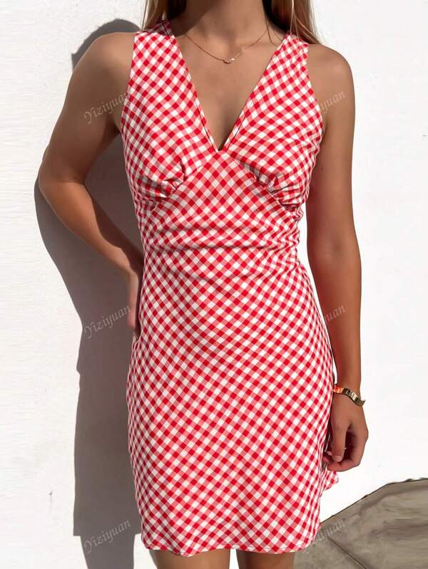 Red Plaid Print V-Neck Casual Sleeveless Mini Dress