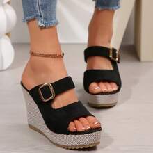 Women's Platform Sandals Fashion Hollow-Out Buckle Closure Wedge Heel Beach Outdoor Summer Straw Woven Bottom Shoes