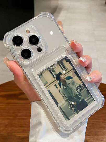 1pc Plain Simple Transparent Card Holder Shockproof Phone Case Compatible With IPhone 7/8/X/XS/11/11Pro/11ProMax/12/13/14/15/16/13ProMax/14Plus/16ProMax/XR And Other Apple Phone Models Waterproof Anti-Fall Scratch Resistant