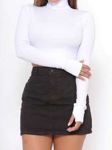 Women's Long Sleeve High Neck Ribbed Crop Top With Finger Sleeve - White - View 3
