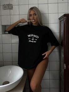 男女通用休闲通勤街头风格摩洛哥印花字母圆领短袖 T 恤，适合春季、夏季和所有季节