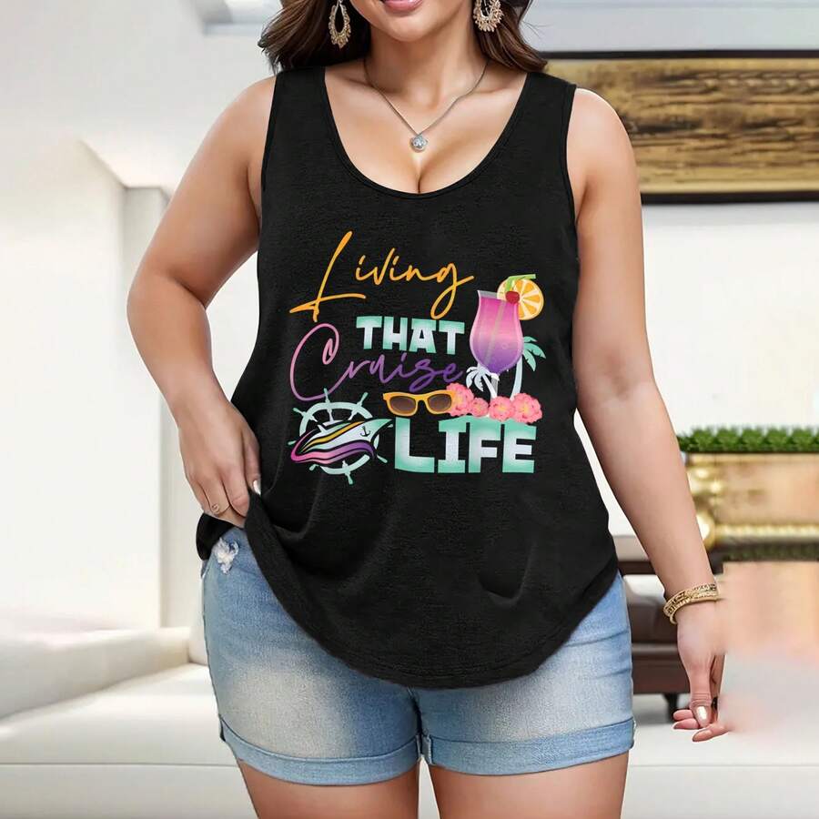 Cruise Ship Vacation Living That Cruise Life Women's Plus Size Tank Tops Crew Neck Novelty Shirt Casual Top Funny Graphic Tee Sleeveless Summer Vacation Clothing - 黑色 - 查看 1