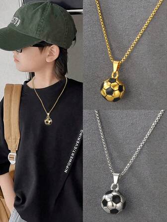 1 件装男孩嘻哈足球吊坠不锈钢盒链项链适合儿童街头派对节日运动首饰适合足球爱好者礼物
