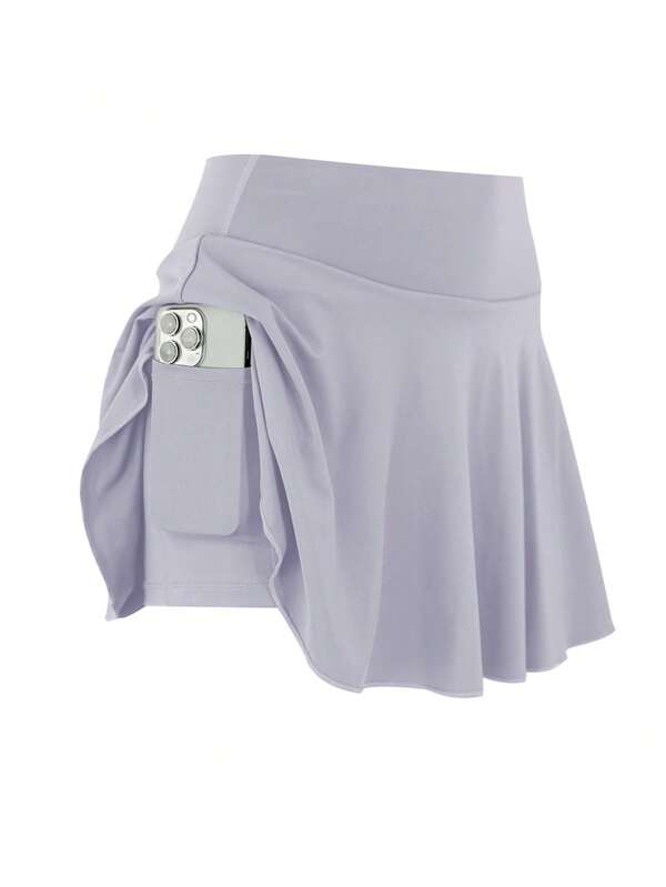 1pc Women Plus Size Sports Skirt, High Waist Workout Running Tennis Skirt, Casual Fashion Pocket Decor Skort