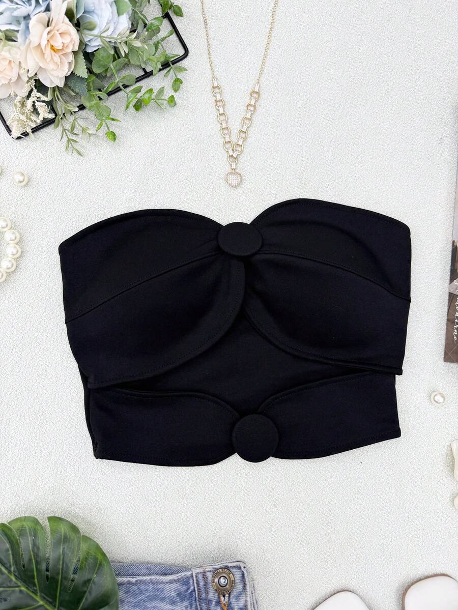 ELLIE Women's Strapless Crop Top With Button Details - 黑色 - 查看 1
