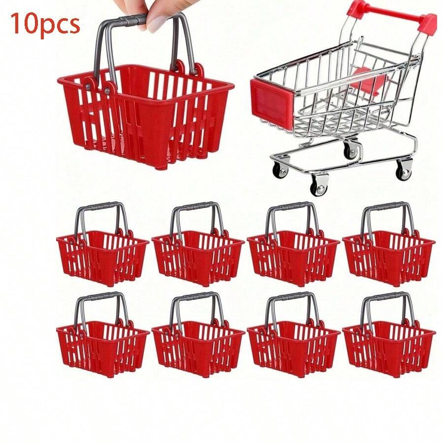 Set de 10 mini carritos de compras de metal con canasta, conjunto de carros de supermercado rojos, juguete creativo en miniatura, estilos diversos, para utilizar como decoración de fotos, oficina, hogar, cocina, regalos de cumpleaños, fiestas, cestas, contenedores - Multicolor - Ver 1