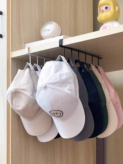 1pc/Wall Mounted Hat Organiser, Iron Storage Hanger With 6 Hooks, Portable Multi-Functional Storage Hanger, Over The Door Hat Rack, Wardrobe Cabinet Organiser, Suitable For All Types And Sizes Of Hats.