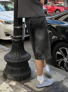 American Streetwear Style Washed Gray Denim Shorts For Men, Loose Straight Fit Summer Jorts