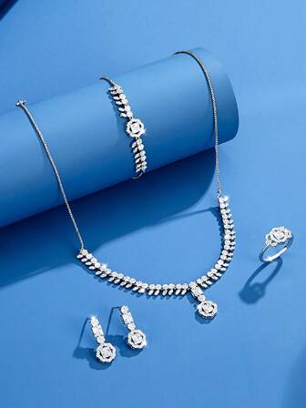 DV JEWELRY 5 件/套铂金镀方晶锆石项链、手链、耳环、开口戒指首饰套装，适合女士，豪华礼盒包装，适合婚礼、周年纪念、派对