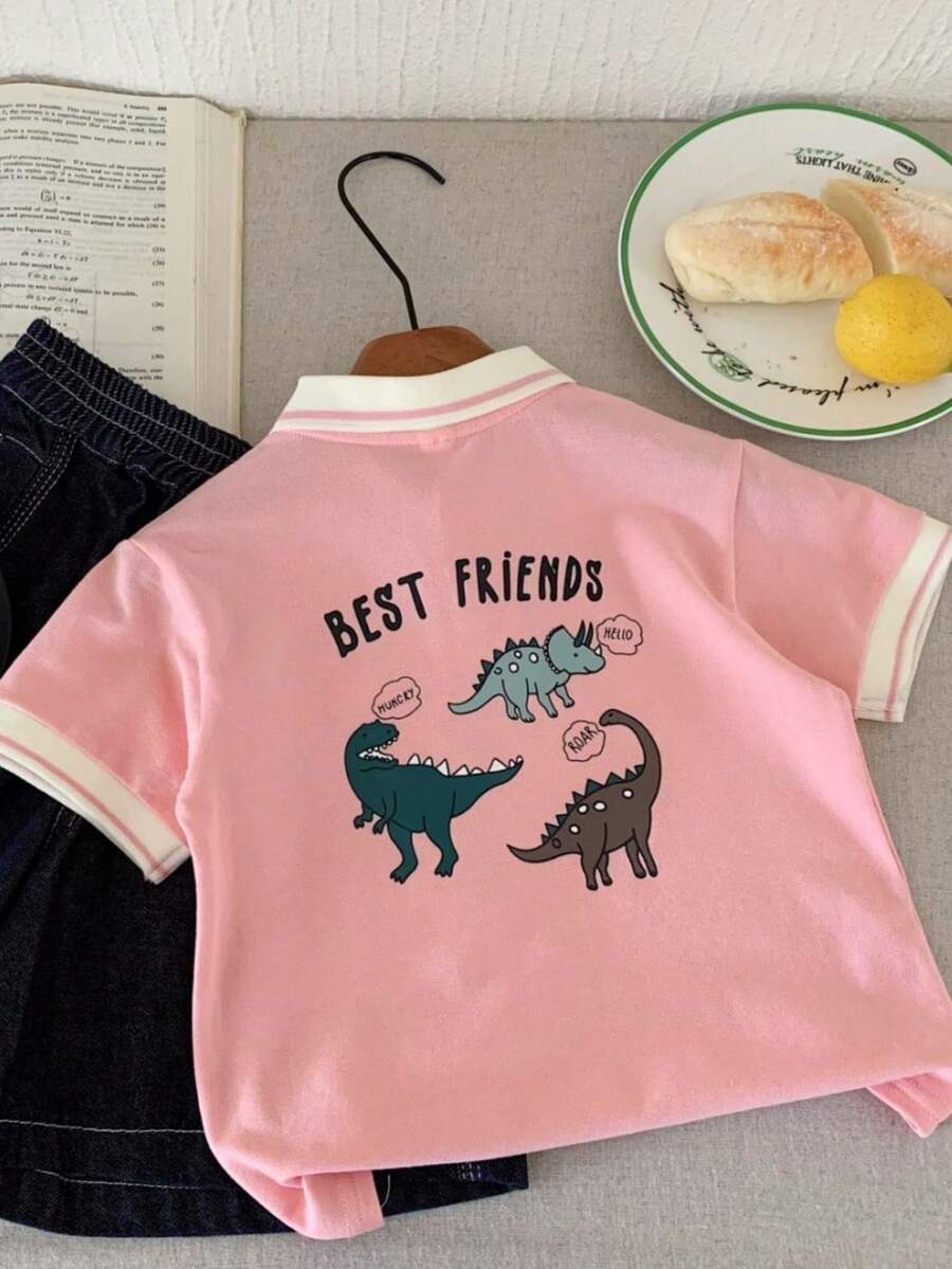 Kid's Polo Shirt, Summer 2025 New Arrivals, Boys & Girls Colorblock Lapel Short Sleeve Tee Tops - Pink - View 1