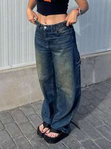 Pantaloni casual a vita alta, efetto vissuto, stile Y2K, ampi e comodi, cargo