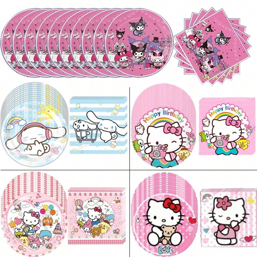 Sanrio 40Packs Hello Kitty, Cinnamoroll And Kuromi Birthday Party Supplies Include 20PCS 7inch Plates, 20 Napkins For The Party Decoration