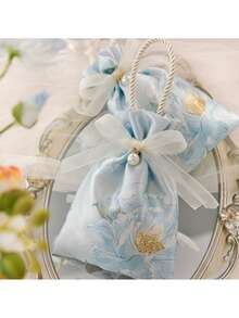 5/10 piezas, Bolsas de regalo con cordón estampadas con flores, perlas y cintas para bodas, duchas, cumpleaños y ocasiones especiales - Tela de lino y poliéster, Día de San Valentín, Día de la Madre, Primavera, Verano - Multicolor - Ver 5