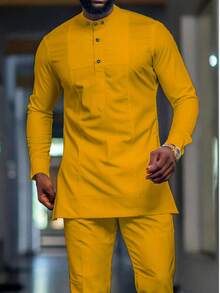 Men's White Dashiki 2-Piece Set, Casual Minimalist Design With Special Collar, Relaxed Fit Long Sleeve Shirt And Elastic Waist Pants, African Style Outfit, Suitable For Casual, Parties, Dates, Weddings, Cultural Events - Yellow - View 2