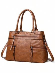 1pc Women's Solid Retro Brown Tote Bag, Large Capacity Multi-Zipper Pockets Handbag, PU Dual Handle Portable Outdoor Casual Business Versatile Shoulder Bag, Stitching Anti-Theft Crossbody Bag - Brown - View 6