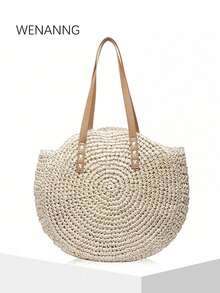 镂空手提包、时尚编织包、圆形大容量单肩包、简约主义、草编钱包、草编沙滩包、沙滩必需品、沙滩必需品、沙滩物品和夏季必需品、最适合海滩氛围的女士包包，轻便、经典休闲，适合少女、女大学生户外、旅行、郊游、度假、海滩、度假、度假必需品、完美搭配沙滩配饰女士、最新款度假包