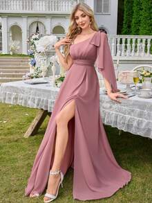 雪纺简约性感单肩褶皱紧身派对连衣裙 - 珊瑚粉 - 查看 3