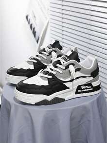 1 双男式字母印花 PU 低帮系带滑板鞋，运动型户外运动鞋 - 黑色 - 查看 5