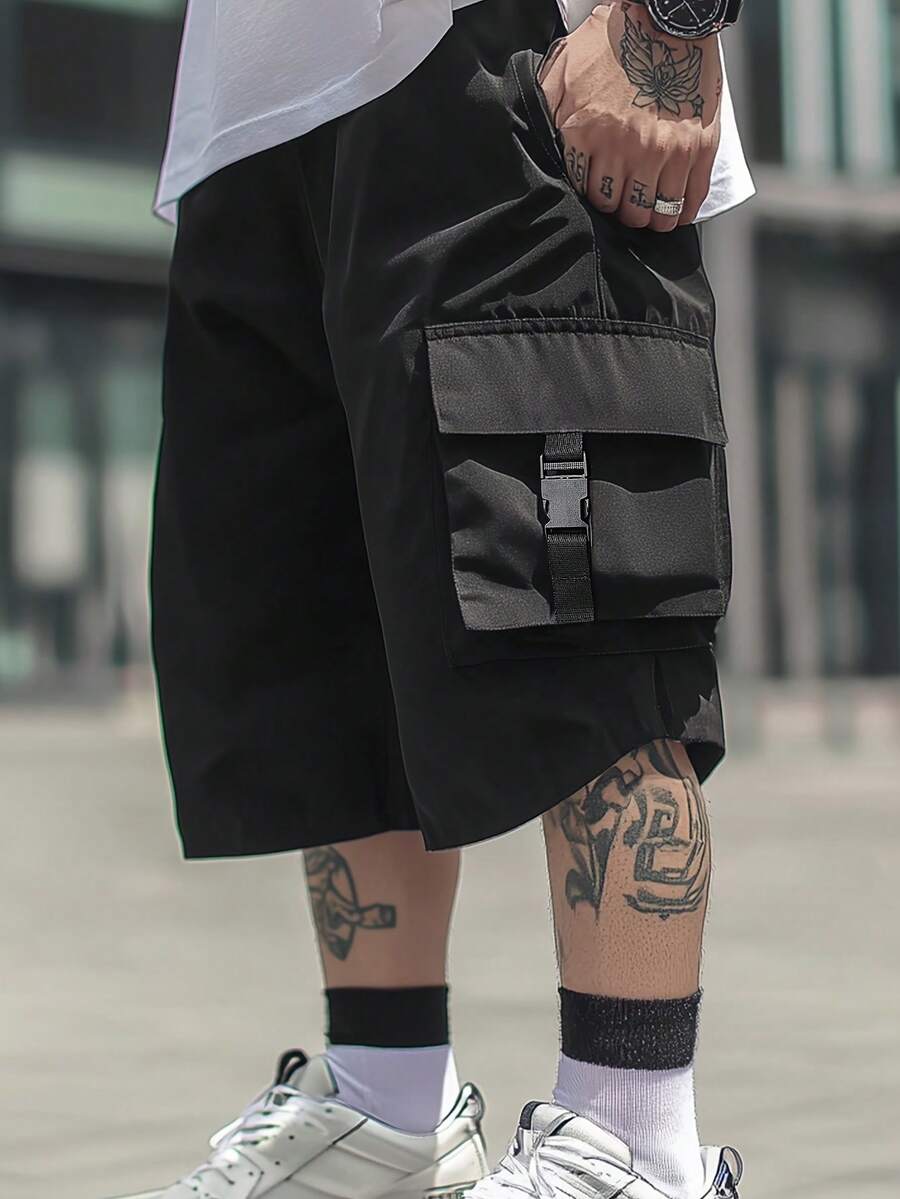 男士夏季休闲工装短裤，街头风格 - 黑色 - 查看 1