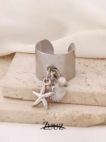 1 pièce Bague large ouverte en acier inoxydable et plastique ronde avec pendentif coquillage de perle et étoile de mer. Cadeau de bijoux charmants pour femmes, convient pour un port quotidien