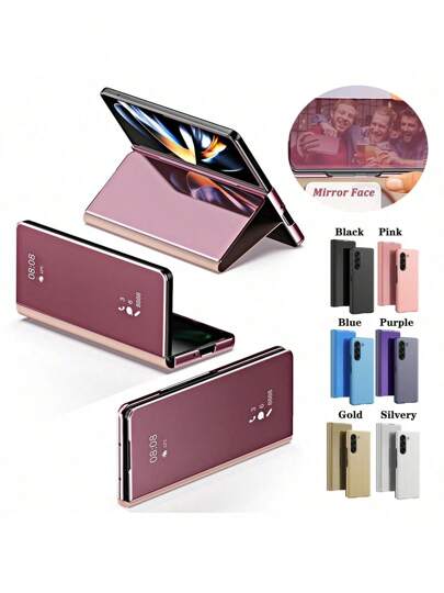 1 pieza Espejo de maquillaje plegable con acabado electrolítico de varios colores, funda protectora de Body completo de piel de PU + PC + TPU, estuche inteligente de tapa compatible con Samsung Galaxy Z Fold 6/Z Fold 5/Z Fold 4/Z Fold 3/Z Fold2