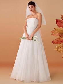 Elegant Contrast Mesh Sleeveless Tube Wedding Dress White Elegant Bridal Dress For Summer Wedding,Bride - White - View 1