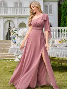 雪纺简约性感单肩褶皱紧身派对连衣裙 - 珊瑚粉 - 查看 5